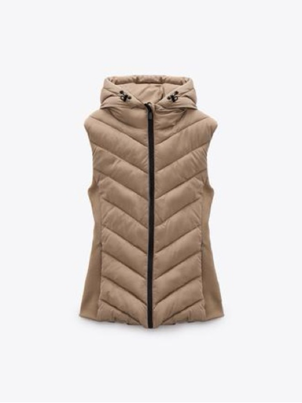 Zara Quilted Hooded Puffer Vest in Tan